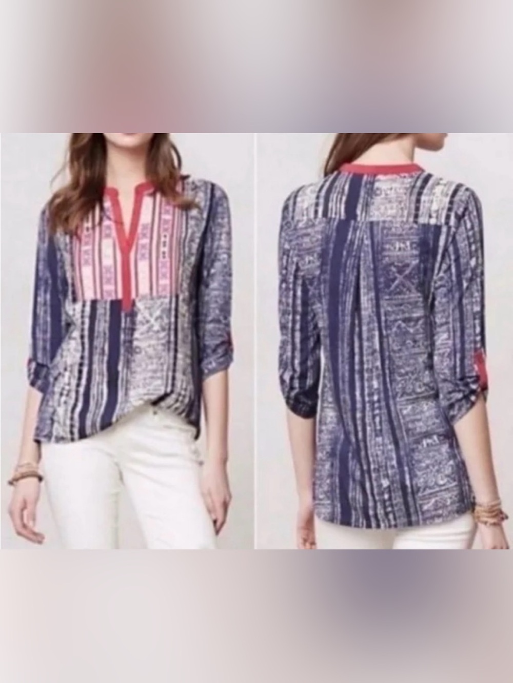 Tiny by Anthropolie Navy&Burgundy Printed Split-Neck 3/4 Sleeve Blouse - Size M
